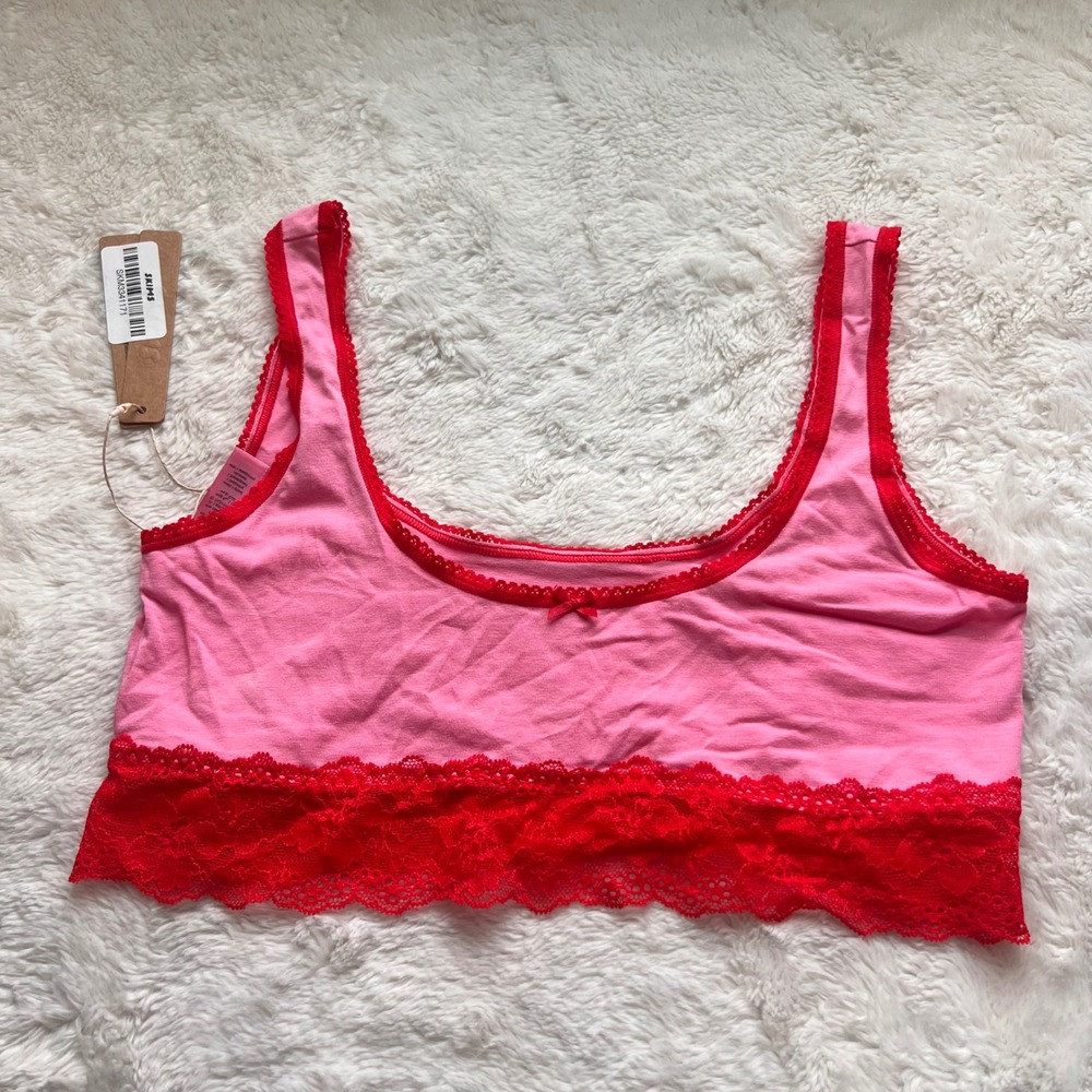 SKIMS Lightweight Cotton Lace Longline Scoop Bralette Carnation Pink Red S NEW